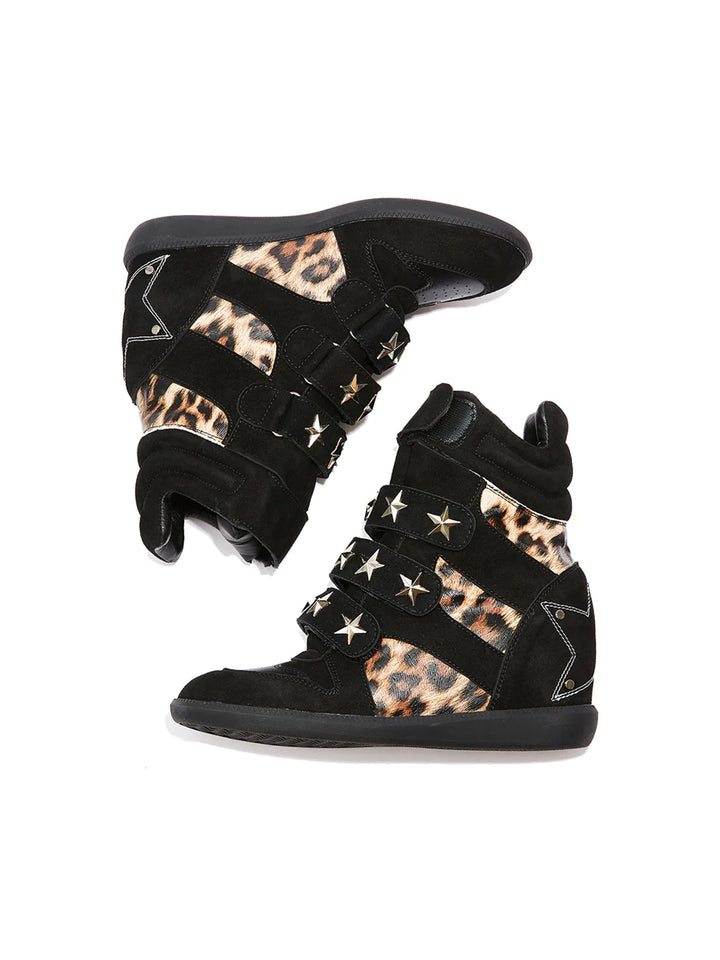 Leopard-Print Wedge High-Top Sneakers – Vintage Studded Velcro Style