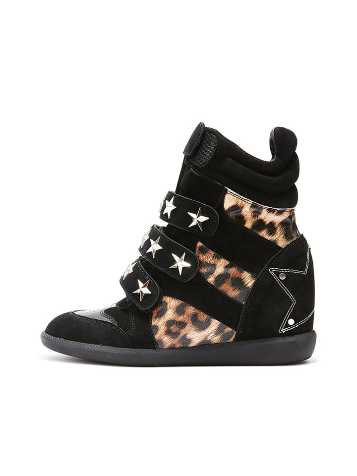 Leopard-Print Wedge High-Top Sneakers – Vintage Studded Velcro Style