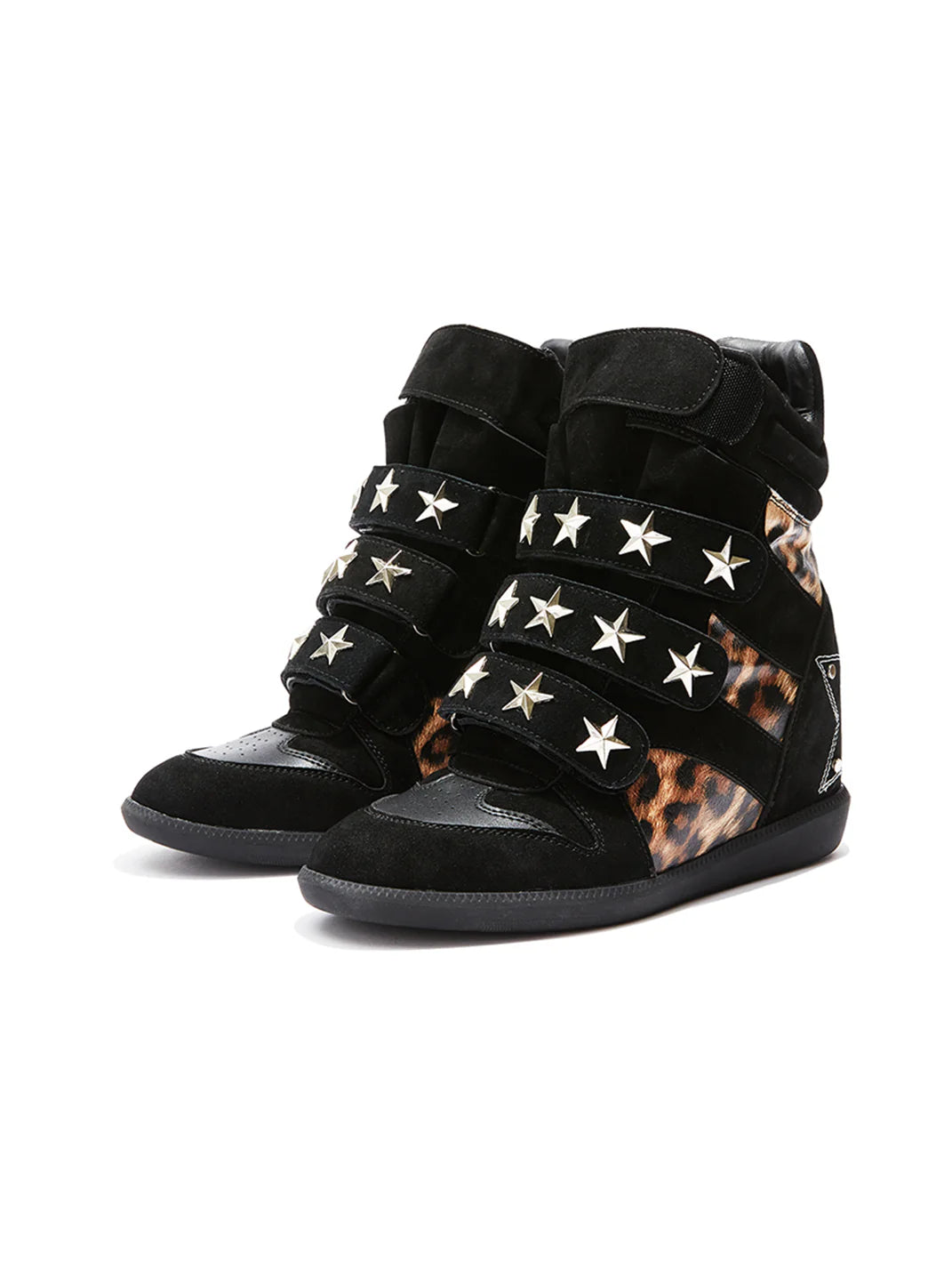Leopard-Print Wedge High-Top Sneakers – Vintage Studded Velcro Style