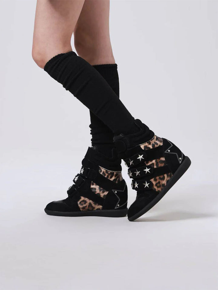 Leopard-Print Wedge High-Top Sneakers – Vintage Studded Velcro Style