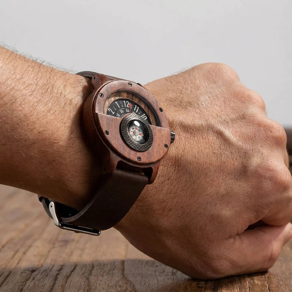 Helvani Wooden Watch – Vintage Compass Dial Leather Timepiece