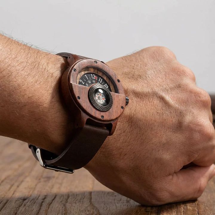 Helvani Wooden Watch – Vintage Compass Dial Leather Timepiece