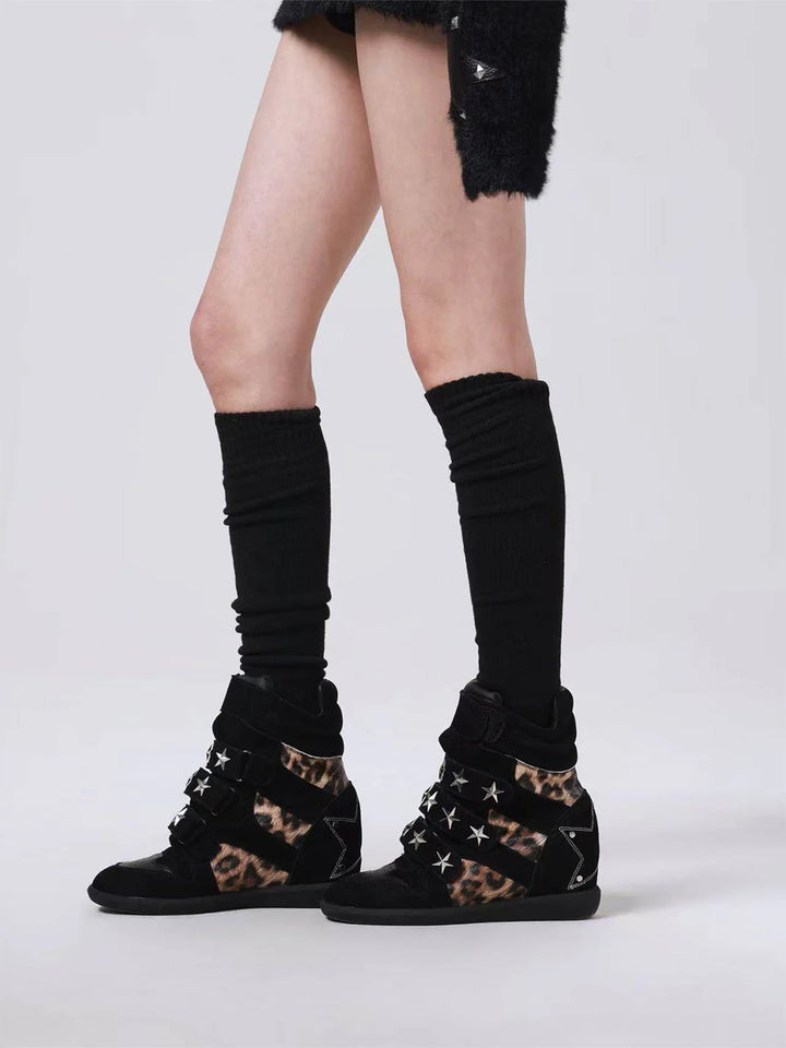 Leopard-Print Wedge High-Top Sneakers – Vintage Studded Velcro Style