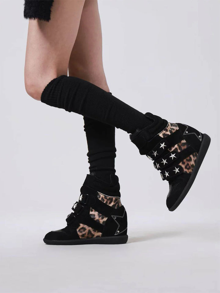 Leopard-Print Wedge High-Top Sneakers – Vintage Studded Velcro Style