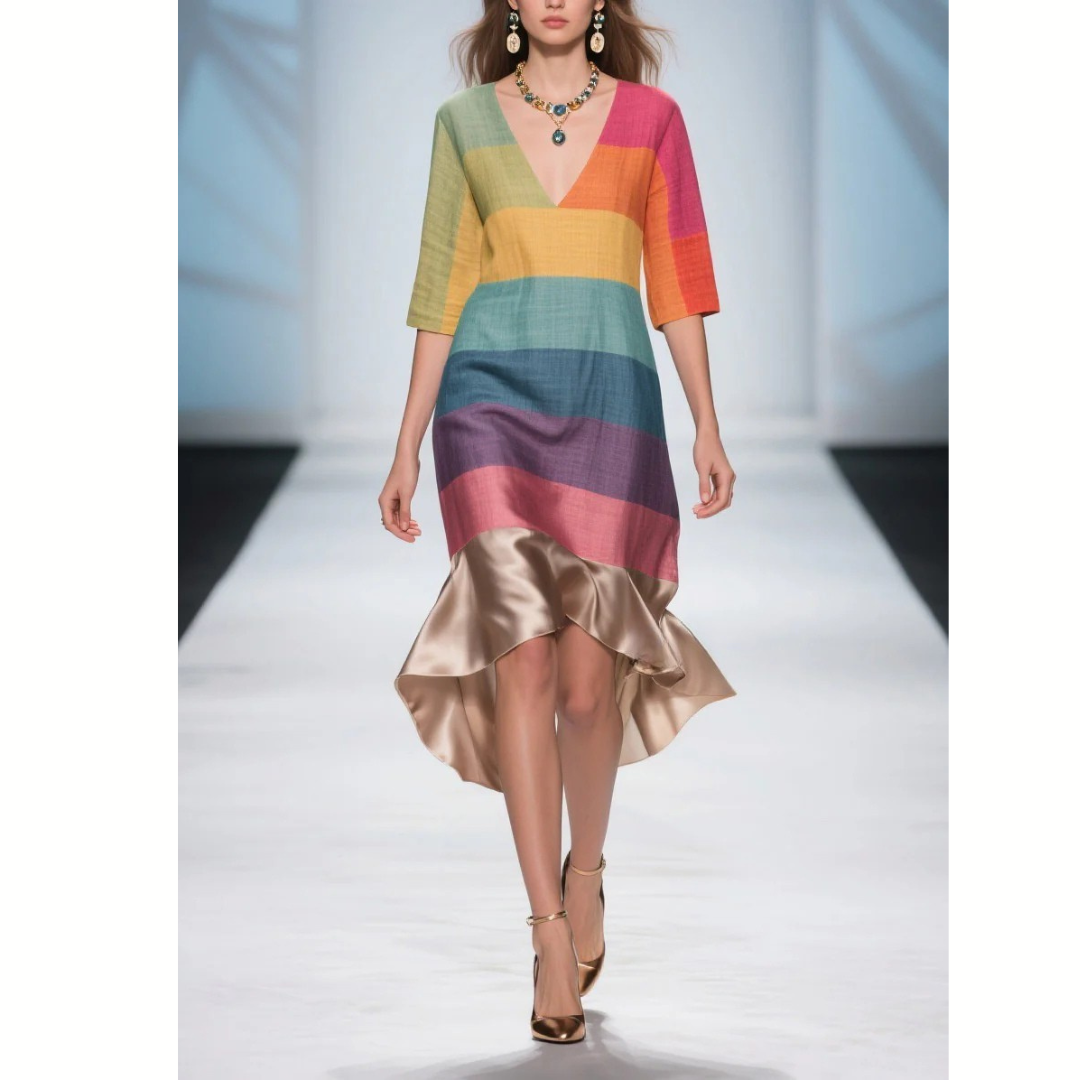 Colorblock V-Neck Dress – Patchwork Linen-Silk Summer Midi