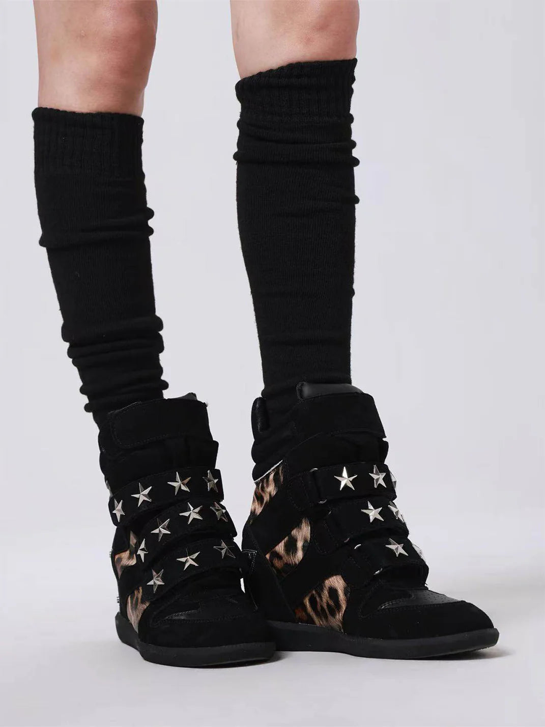 Leopard-Print Wedge High-Top Sneakers – Vintage Studded Velcro Style