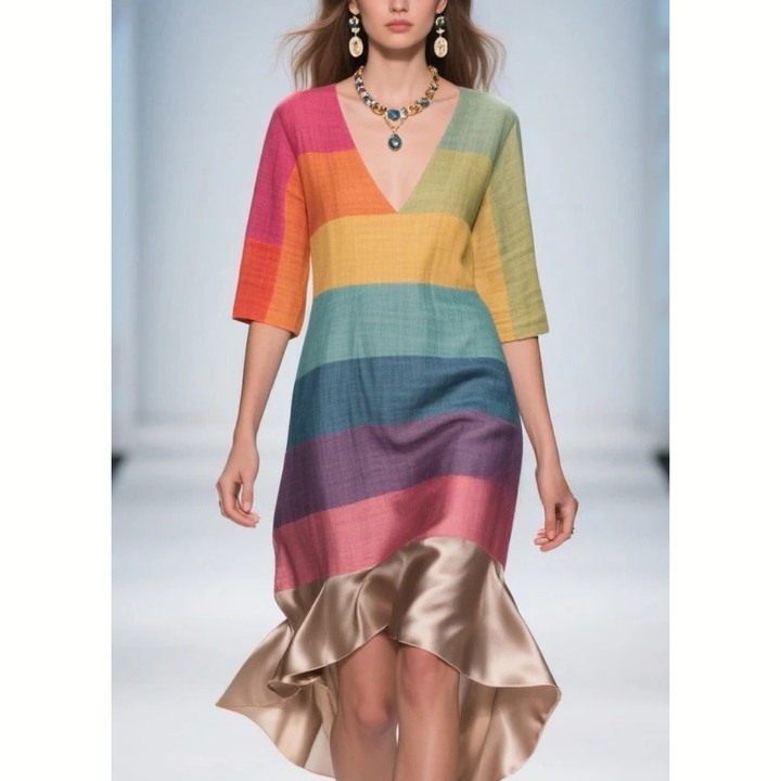 Colorblock V-Neck Dress – Patchwork Linen-Silk Summer Midi