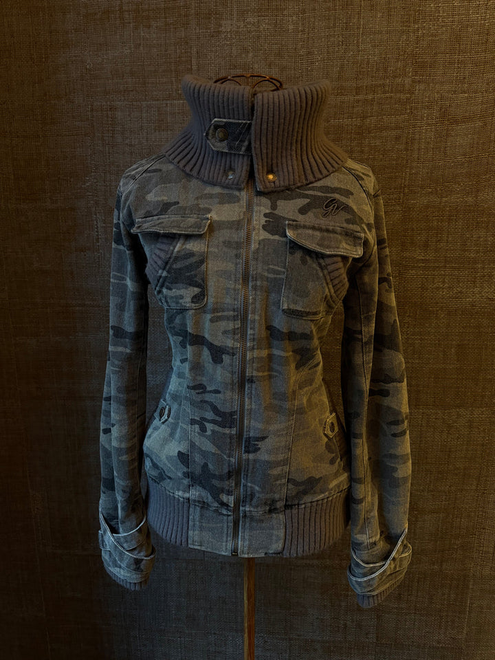 Ribbed Collar Cargo Jacket – 2000s Zip-Up Utility Outerwear with Pockets