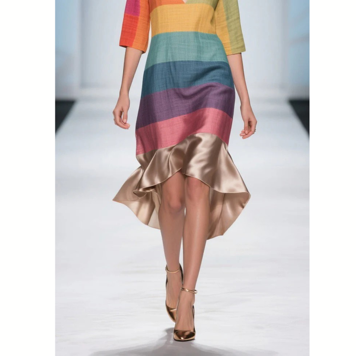 Colorblock V-Neck Dress – Patchwork Linen-Silk Summer Midi