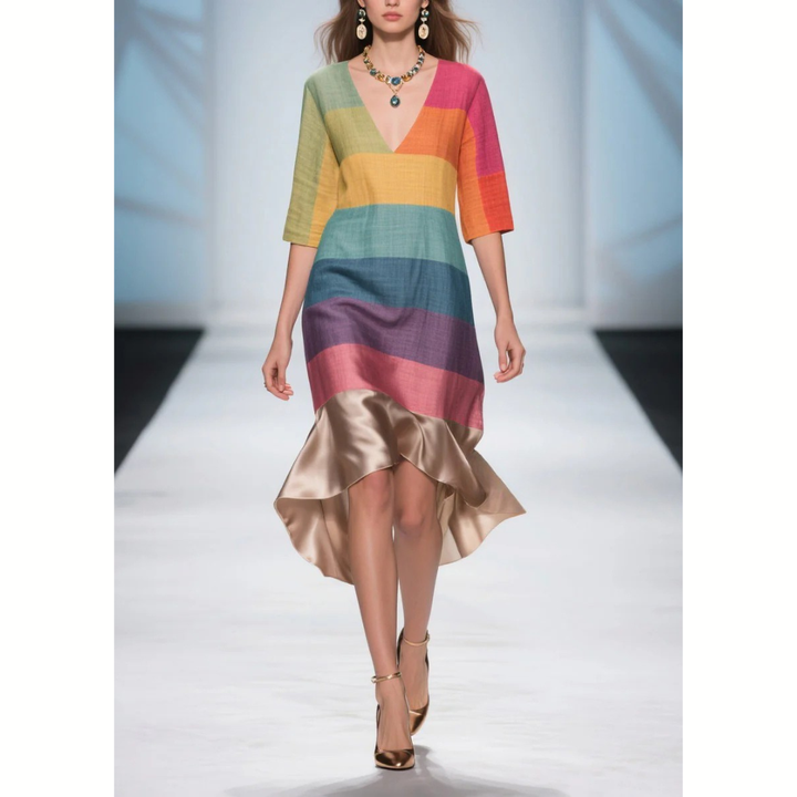 Colorblock V-Neck Dress – Patchwork Linen-Silk Summer Midi