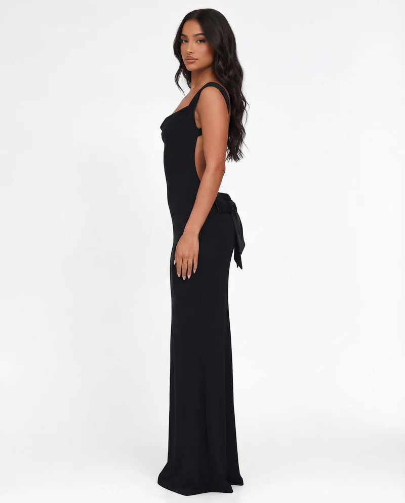 Backless Bow Maxi Dress – Draped Neckline Evening Gown | Elegant Formal Look