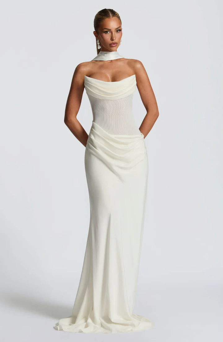 Muse Maxi Dress – Draped Strapless Scarf-Neck Elegant Evening Gown