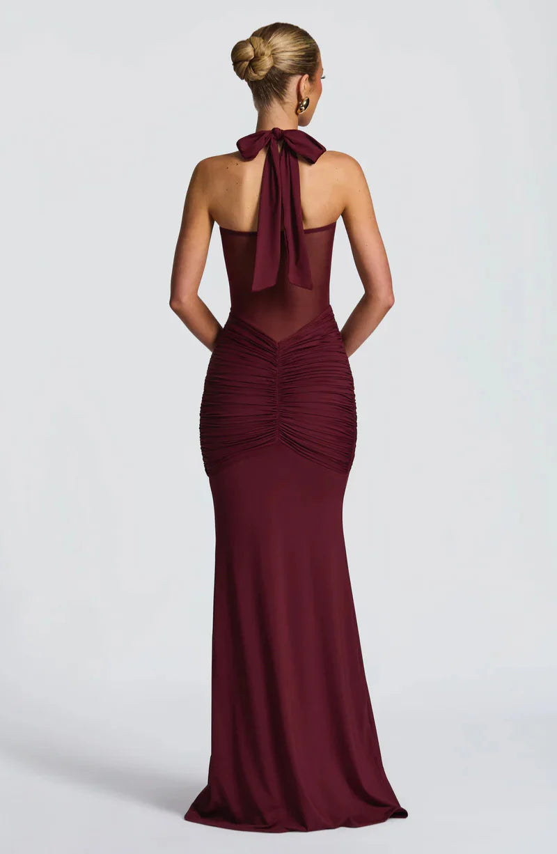 Siren Hourglass Gown – Halter Ruched Maxi Dress for Formal & Night Out Glam