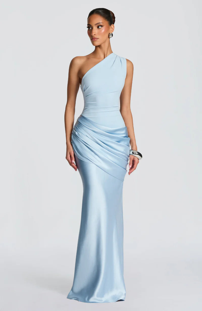 Selene Maxi Dress – One Shoulder Ruched Satin Evening Gown | Elegant Fit