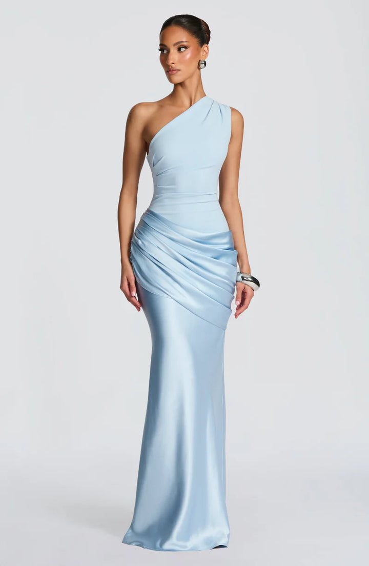 Selene Maxi Dress – One Shoulder Ruched Satin Evening Gown | Elegant Fit