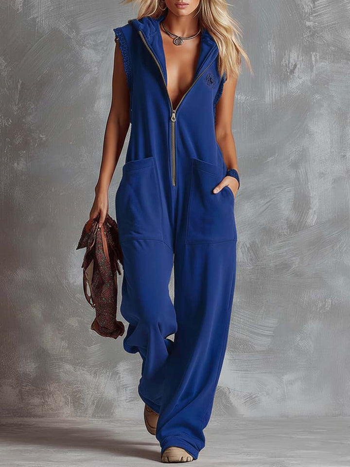 Sporty Hooded Cotton Jumpsuit – Retro V-Neck Front Zipper Design