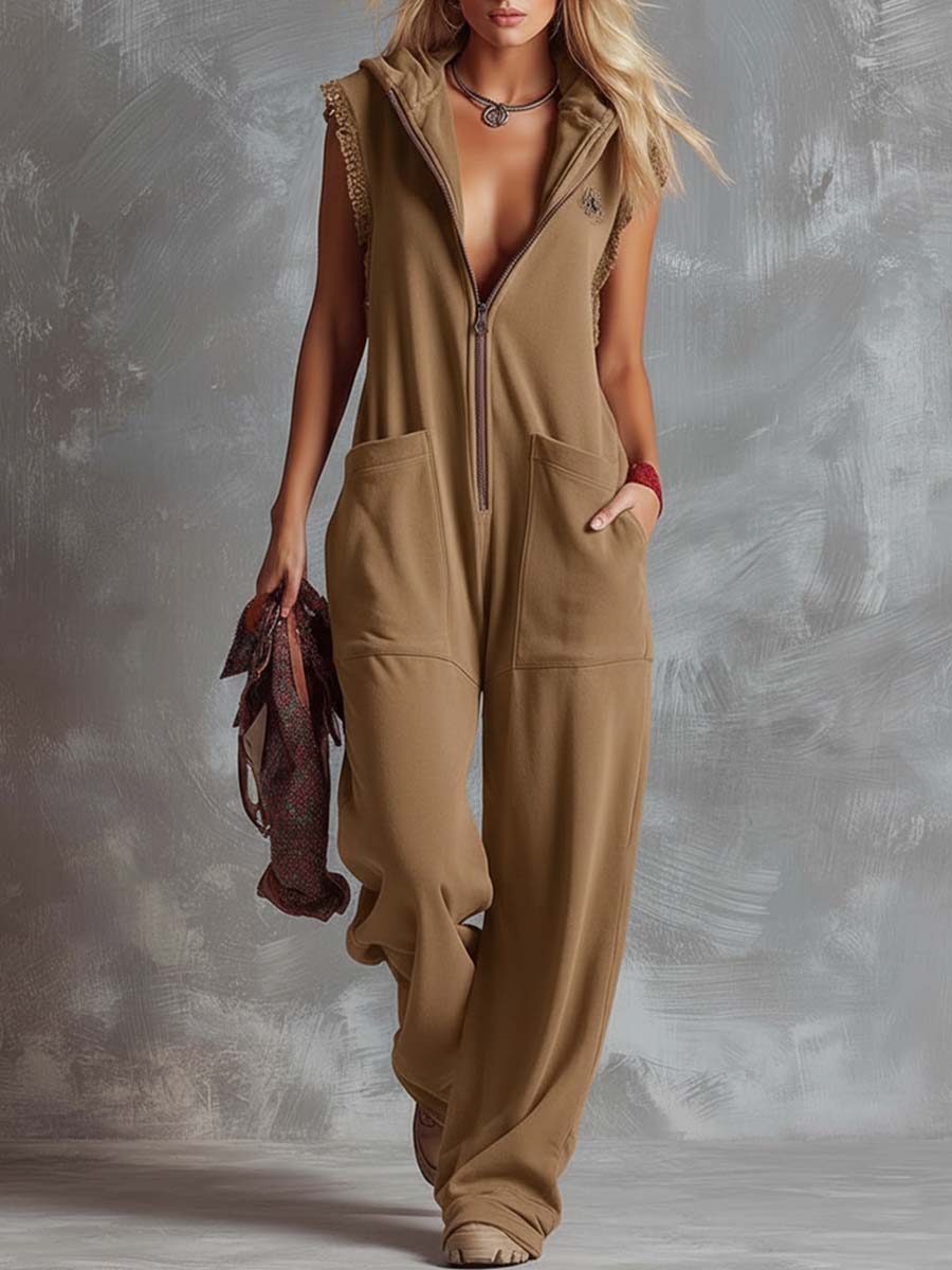 Sporty Hooded Cotton Jumpsuit – Retro V-Neck Front Zipper Design