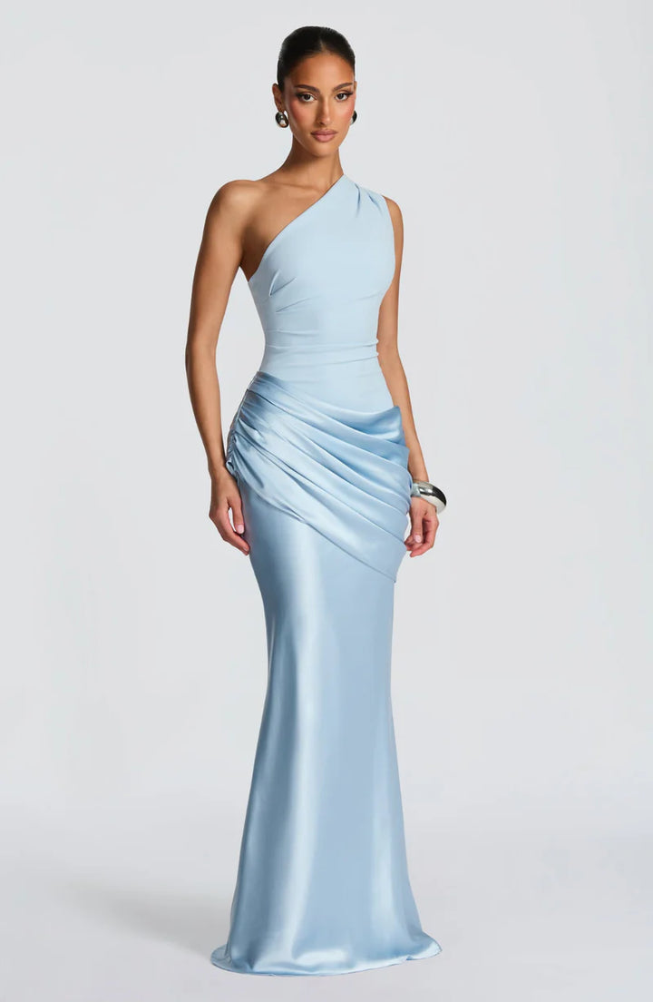 Selene Maxi Dress – One Shoulder Ruched Satin Evening Gown | Elegant Fit