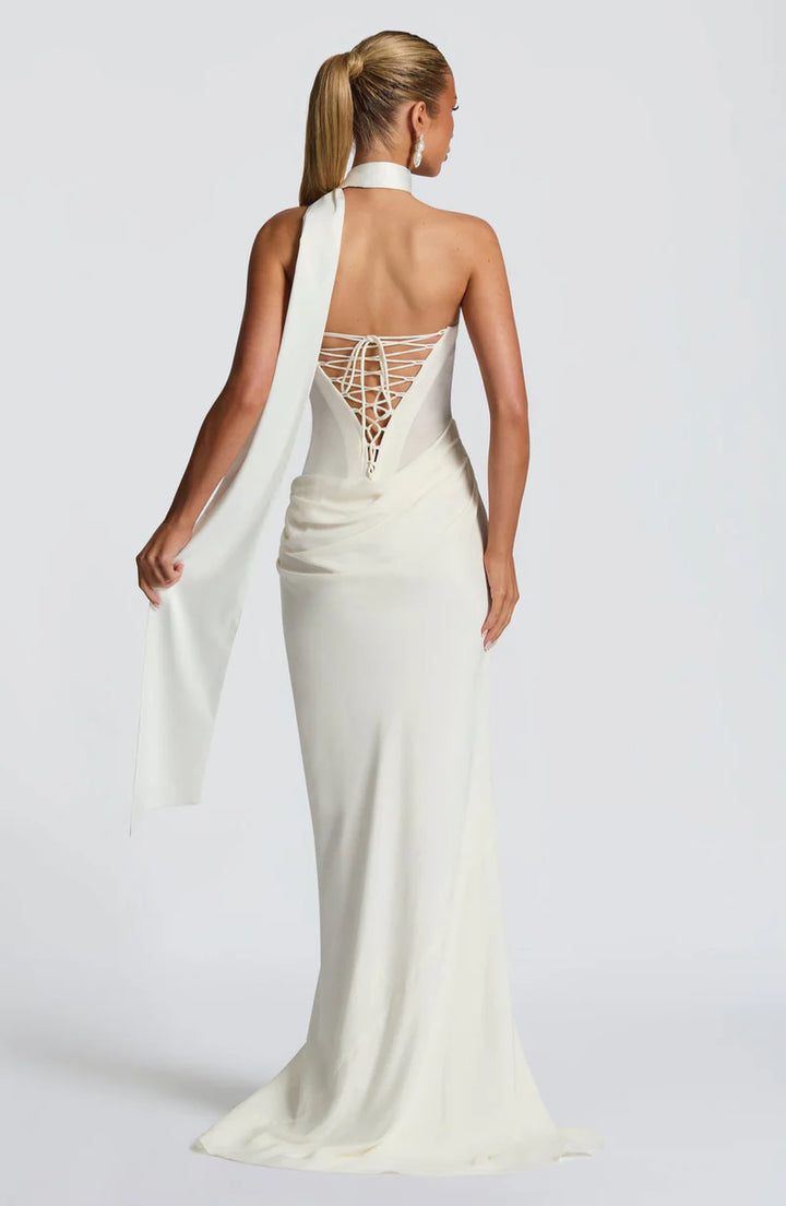 Muse Maxi Dress – Draped Strapless Scarf-Neck Elegant Evening Gown