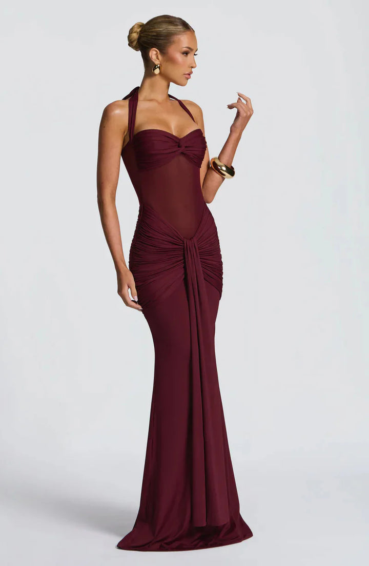Siren Hourglass Gown – Halter Ruched Maxi Dress for Formal & Night Out Glam