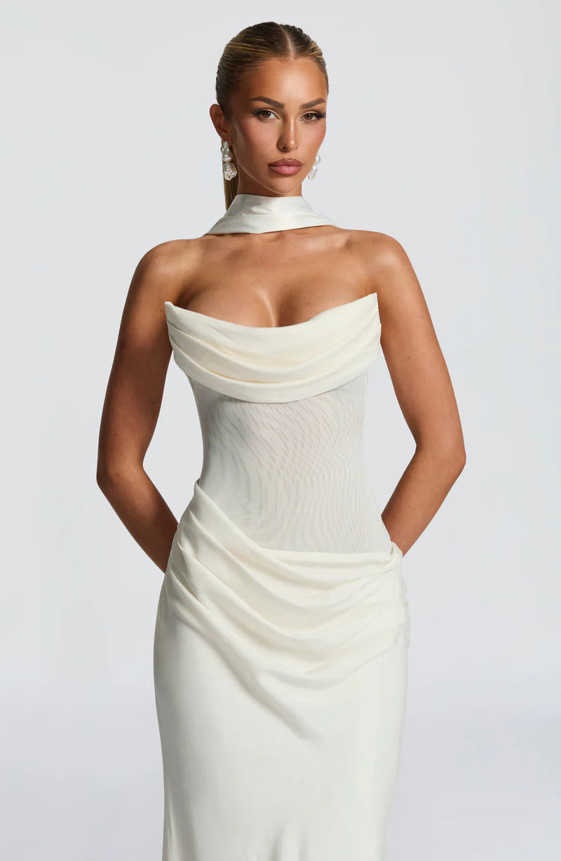Muse Maxi Dress – Draped Strapless Scarf-Neck Elegant Evening Gown