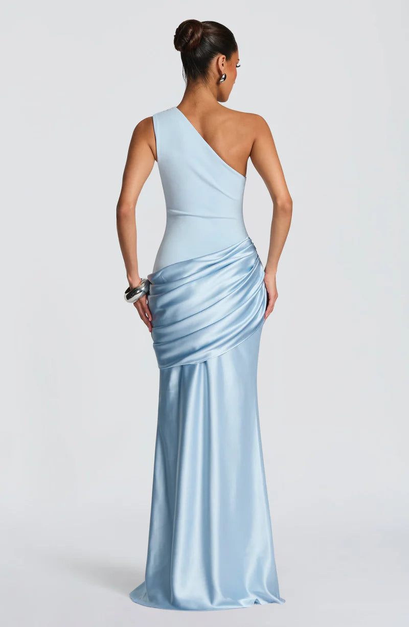 Selene Maxi Dress – One Shoulder Ruched Satin Evening Gown | Elegant Fit