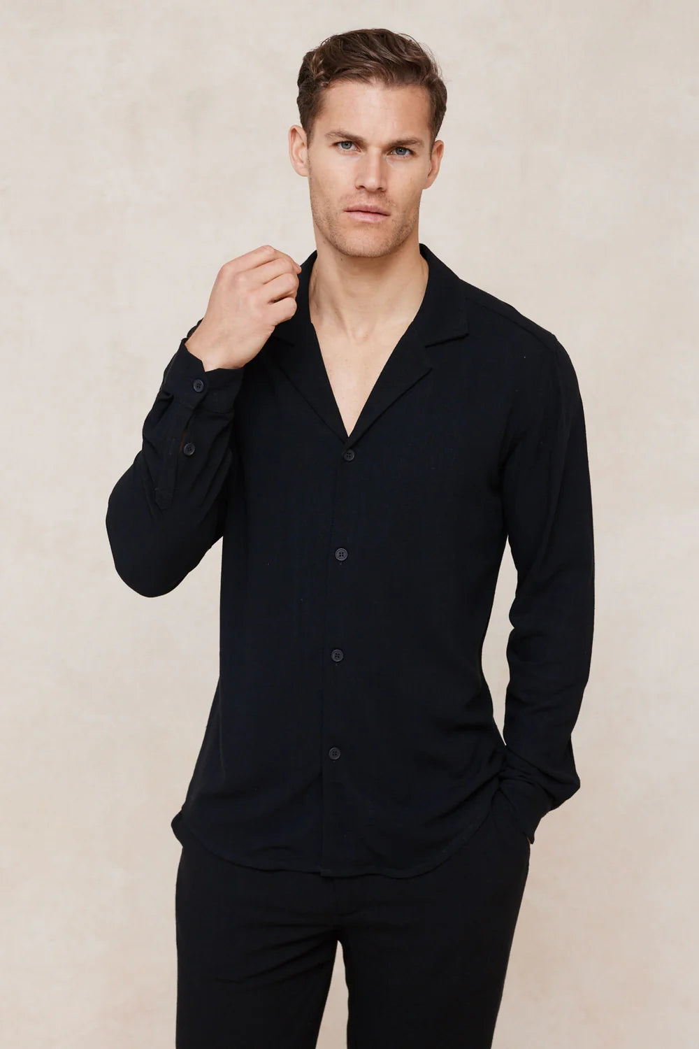 Linen Shirt – Relaxed Long Sleeve Camp Collar Top