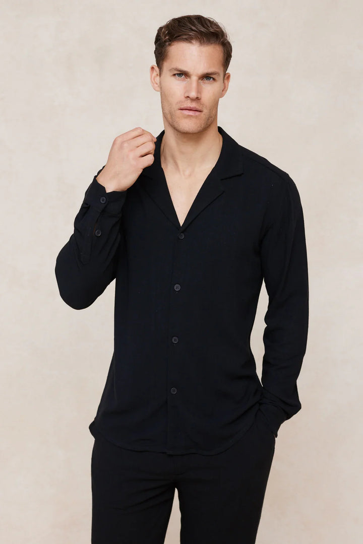 Linen Shirt – Relaxed Long Sleeve Camp Collar Top