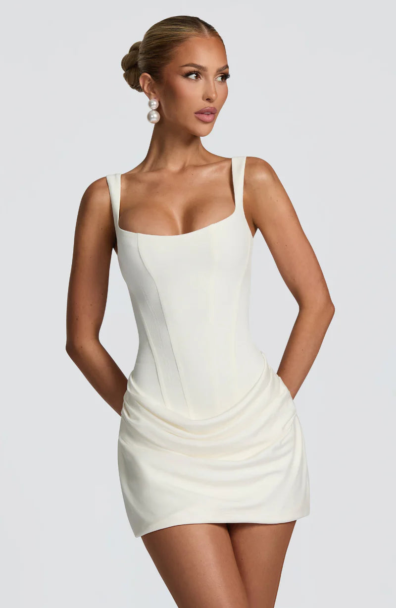Hourglass Mini Dress – Corset Style Ruched Satin Party Outfit | Sculpted Fit