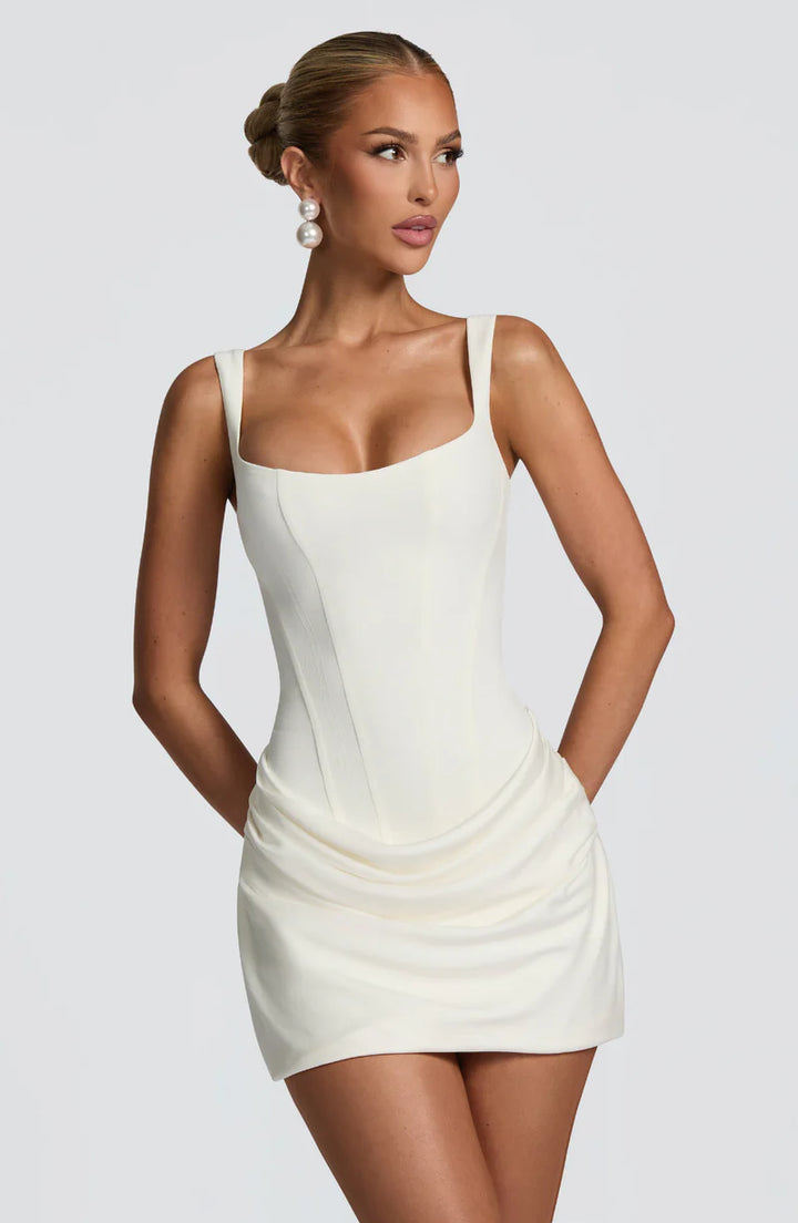 Hourglass Mini Dress – Corset Style Ruched Satin Party Outfit | Sculpted Fit