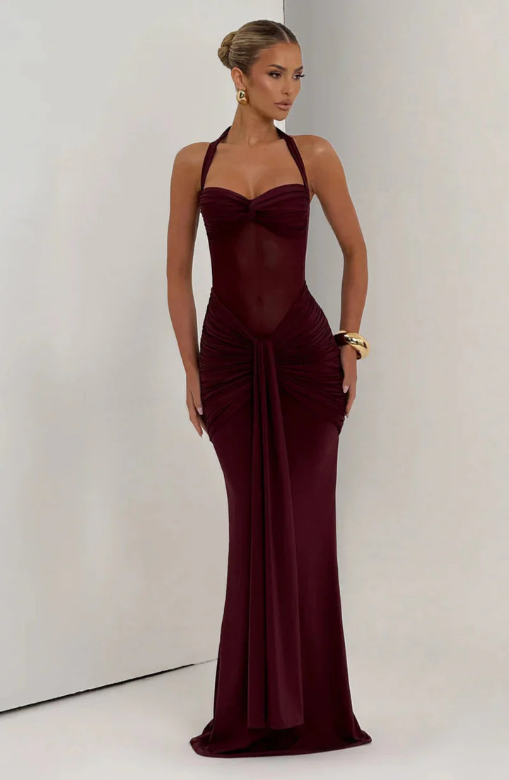 Siren Hourglass Gown – Halter Ruched Maxi Dress for Formal & Night Out Glam