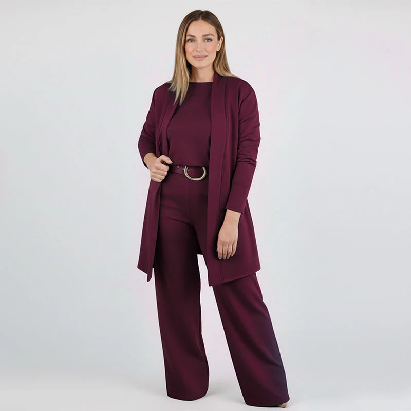 Women’s 3-Piece Lounge Set – Long Cardigan, Top & Wide-Leg Pants