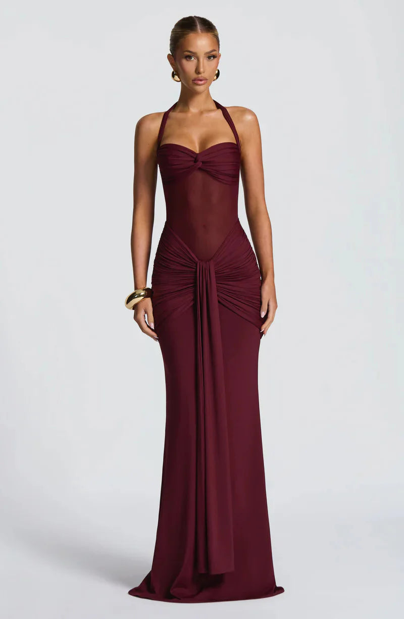 Siren Hourglass Gown – Halter Ruched Maxi Dress for Formal & Night Out Glam
