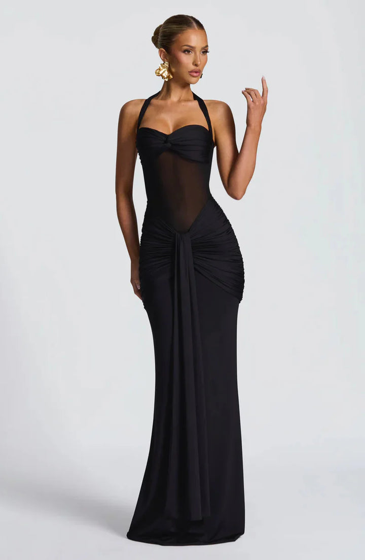Siren Hourglass Gown – Halter Ruched Maxi Dress for Formal & Night Out Glam