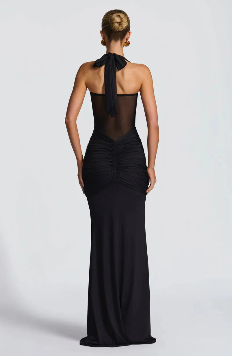 Siren Hourglass Gown – Halter Ruched Maxi Dress for Formal & Night Out Glam