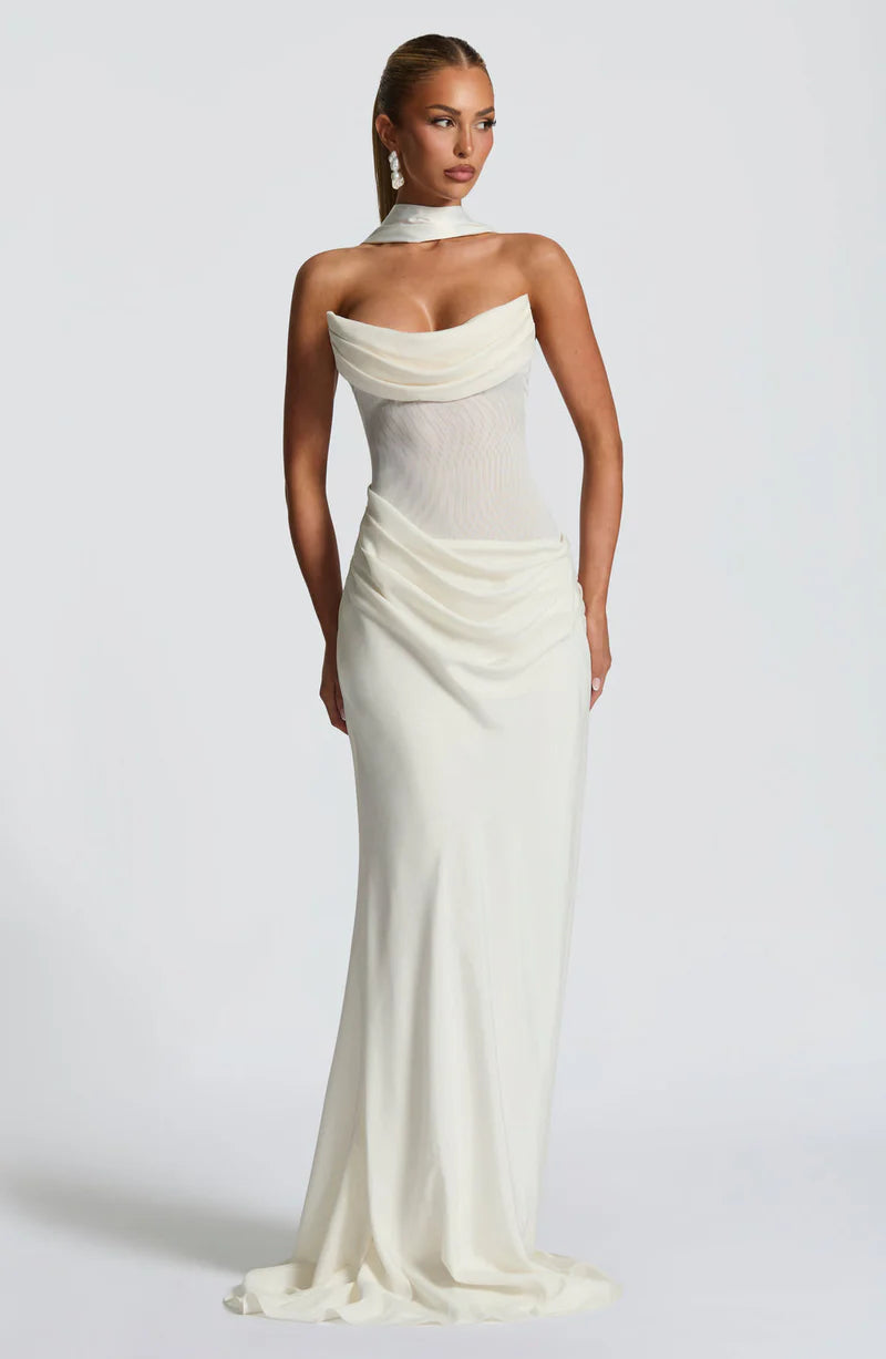 Muse Maxi Dress – Draped Strapless Scarf-Neck Elegant Evening Gown