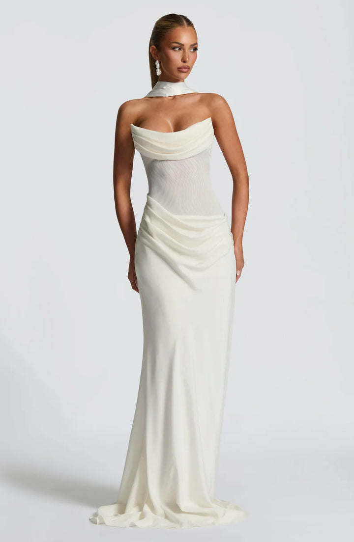 Muse Maxi Dress – Draped Strapless Scarf-Neck Elegant Evening Gown