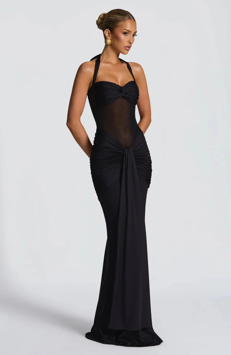 Siren Hourglass Gown – Halter Ruched Maxi Dress for Formal & Night Out Glam