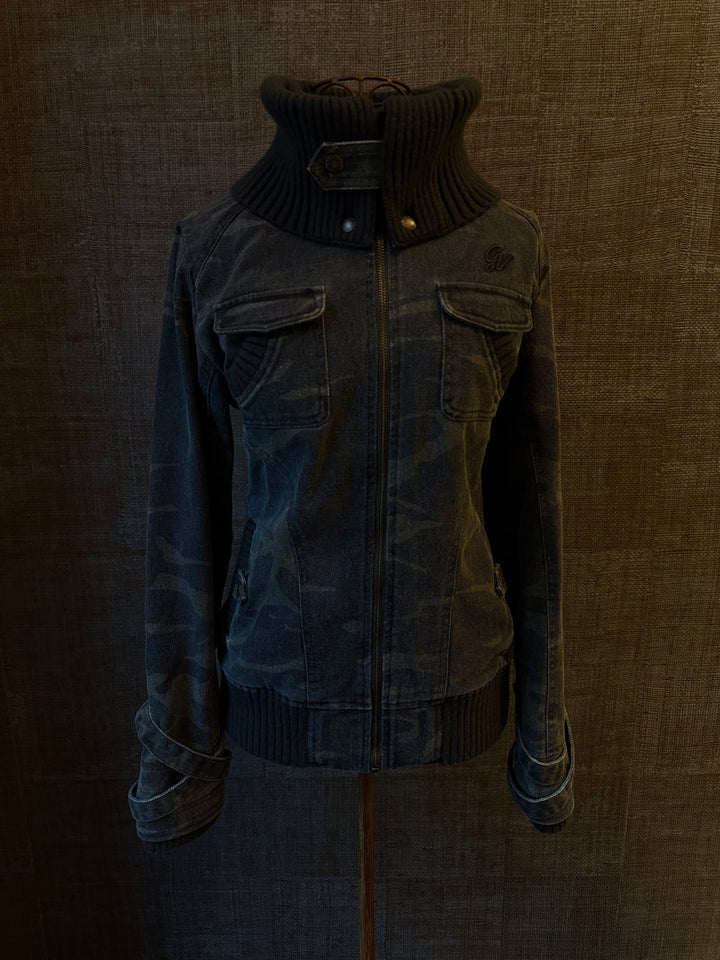 Ribbed Collar Cargo Jacket – 2000s Zip-Up Utility Outerwear with Pockets