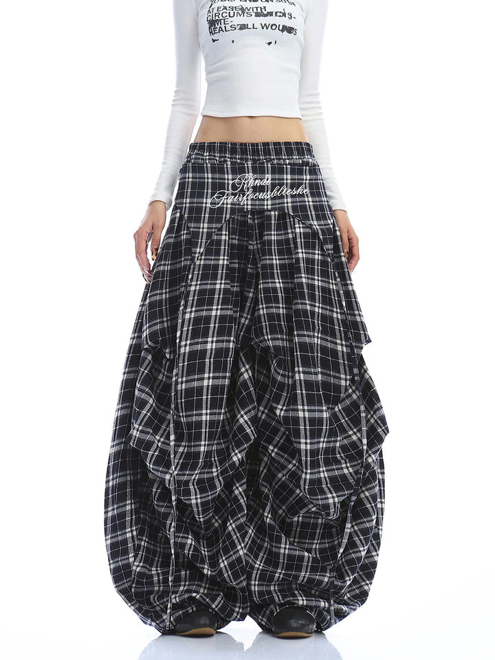 Plaid Wide-Leg Pants – Baggy Streetwear Trousers with Letter Embroidery