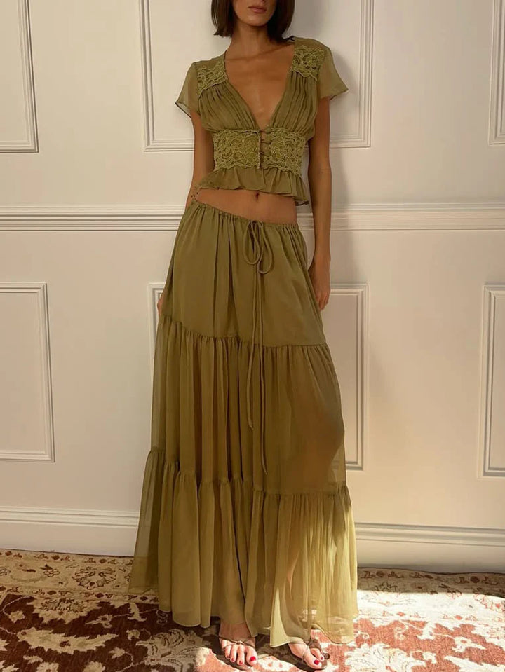 Lace Two Piece Skirt Set – Elegant Crop Top and Flowing Maxi Outfit