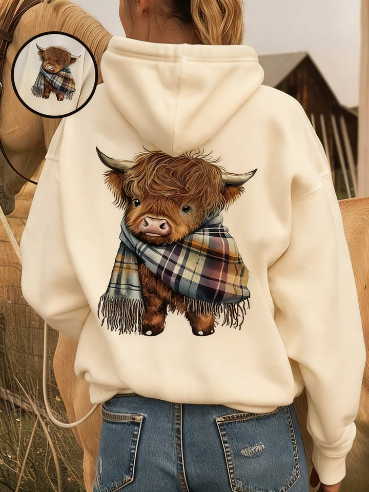 Cute Highland Cow Hoodie – Cozy Fleece-Lined Animal Graphic Sweatshirt