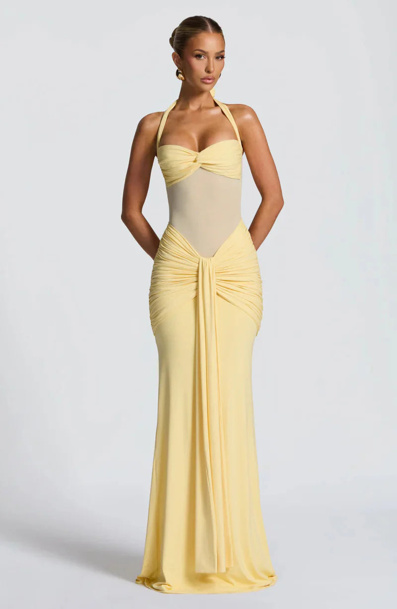 Siren Hourglass Gown – Halter Ruched Maxi Dress for Formal & Night Out Glam