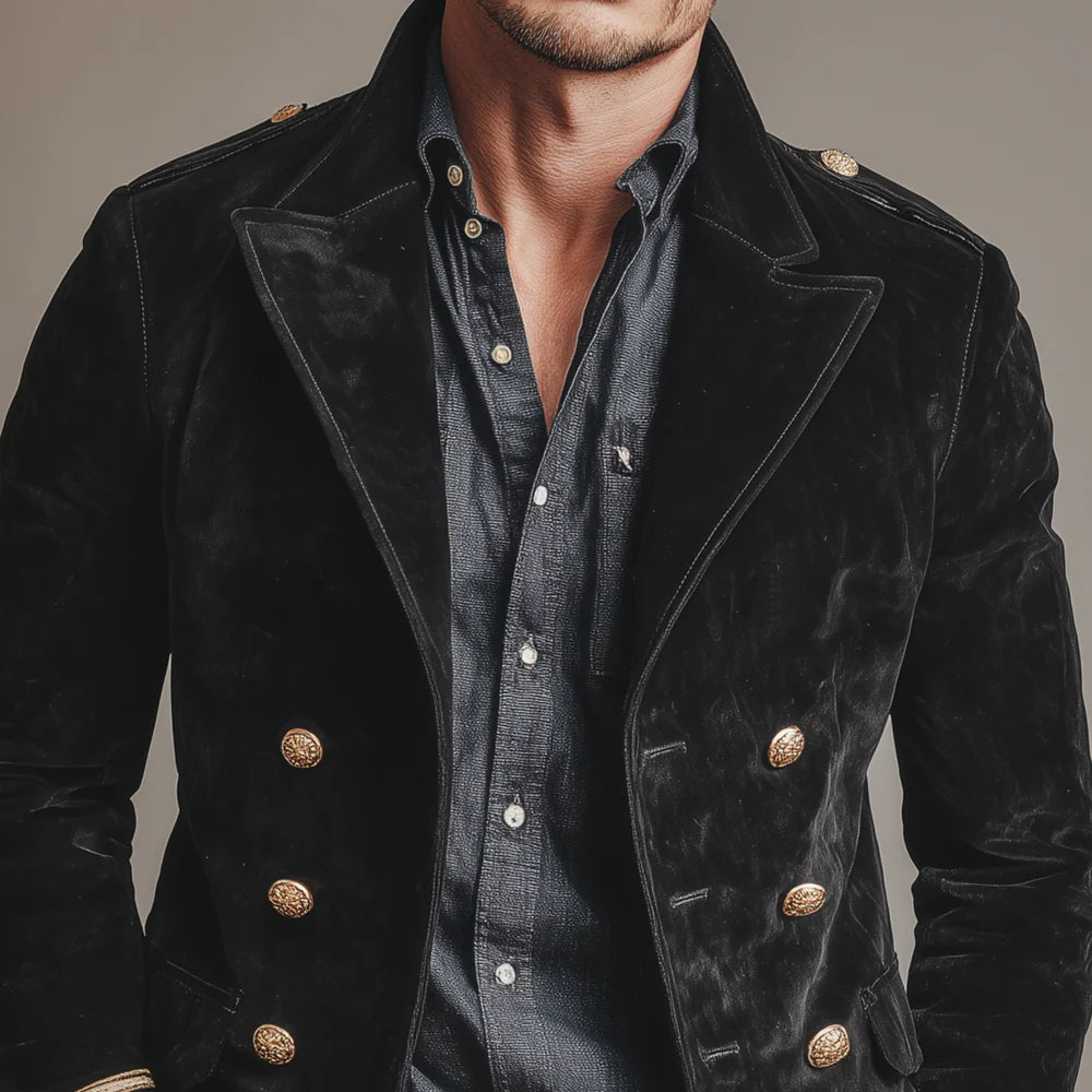 Men’s Retro Velvet Jacket – Double-Breasted Lapel Coat for Classic Style