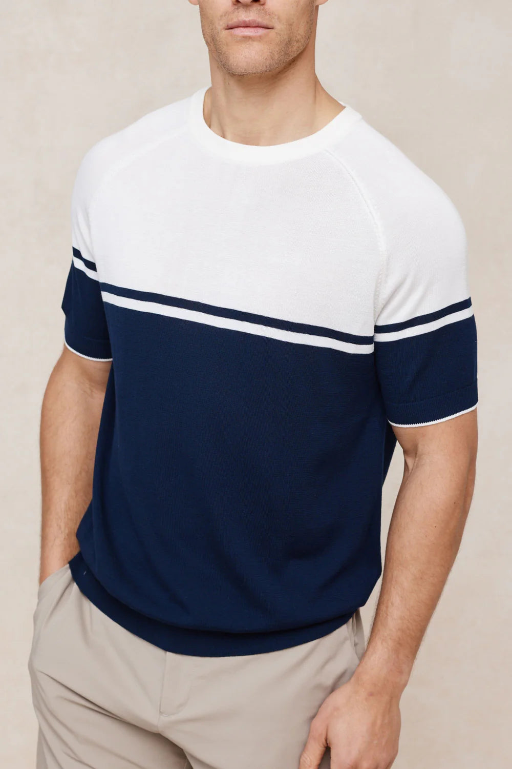 Colour Block Knit T-Shirt – Navy & Ecru Crew Neck Top