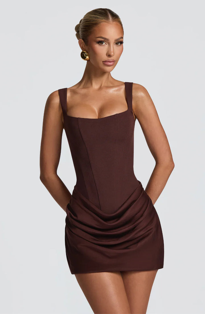 Hourglass Mini Dress – Corset Style Ruched Satin Party Outfit | Sculpted Fit