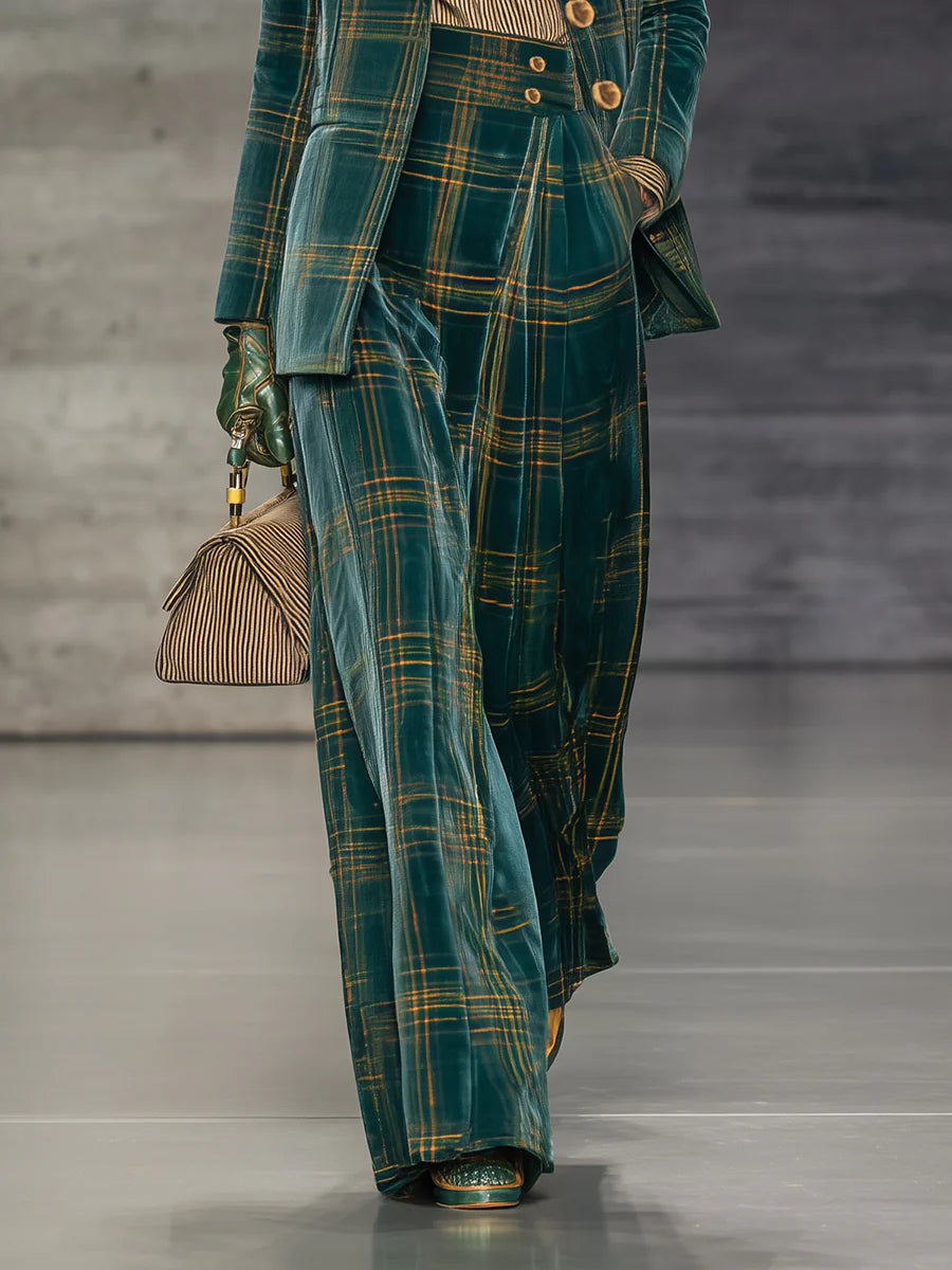 Green Plaid Velvet Blazer Set – High Waist Wide Leg Pants Outfit for Women
