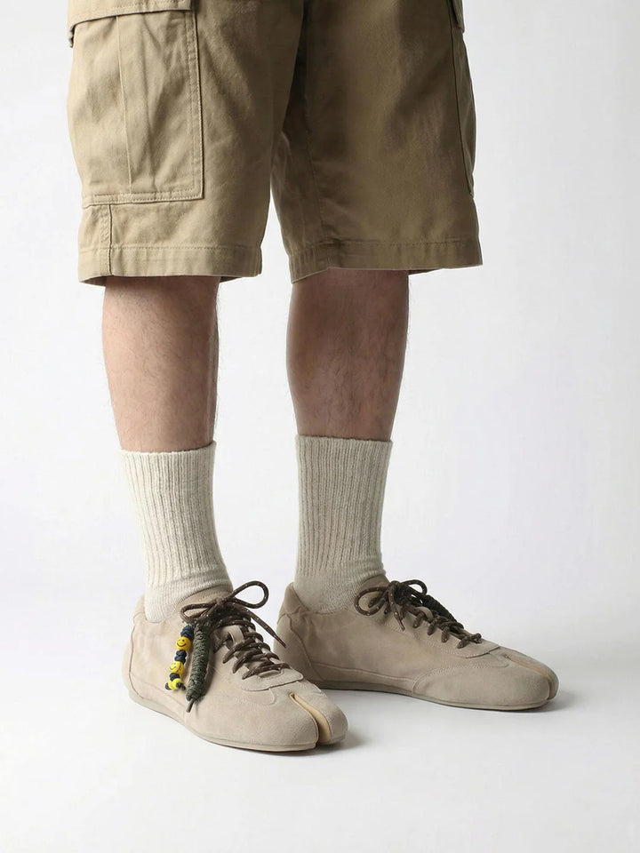 Khaki Suede Tabi Sneakers – Thin-Sole Split-Toe Casual Shoes