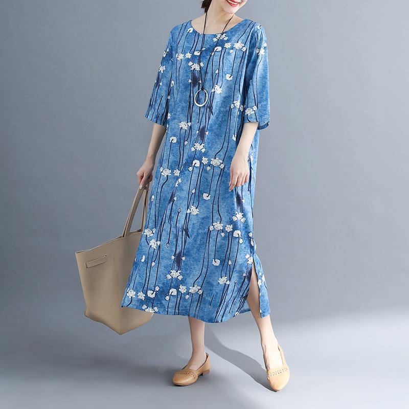 Floral Long Cotton Dress – Plus Size Batwing Sleeve O-Neck Everyday Maxi
