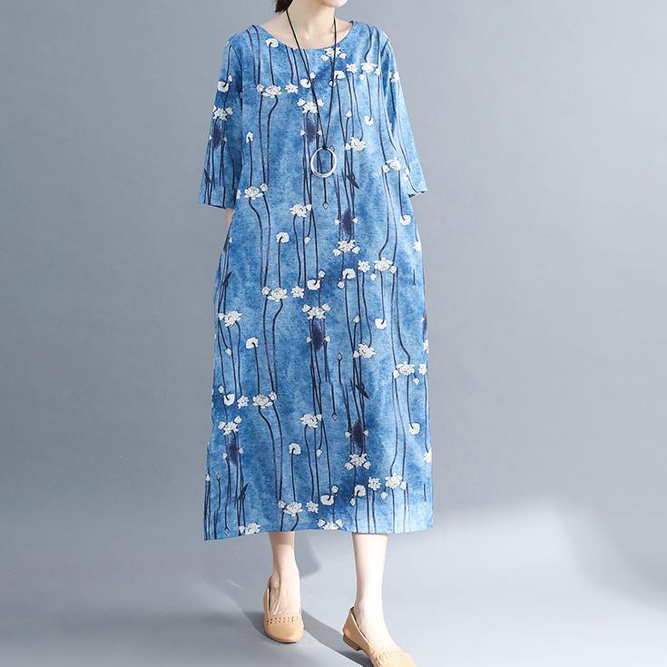 Floral Long Cotton Dress – Plus Size Batwing Sleeve O-Neck Everyday Maxi